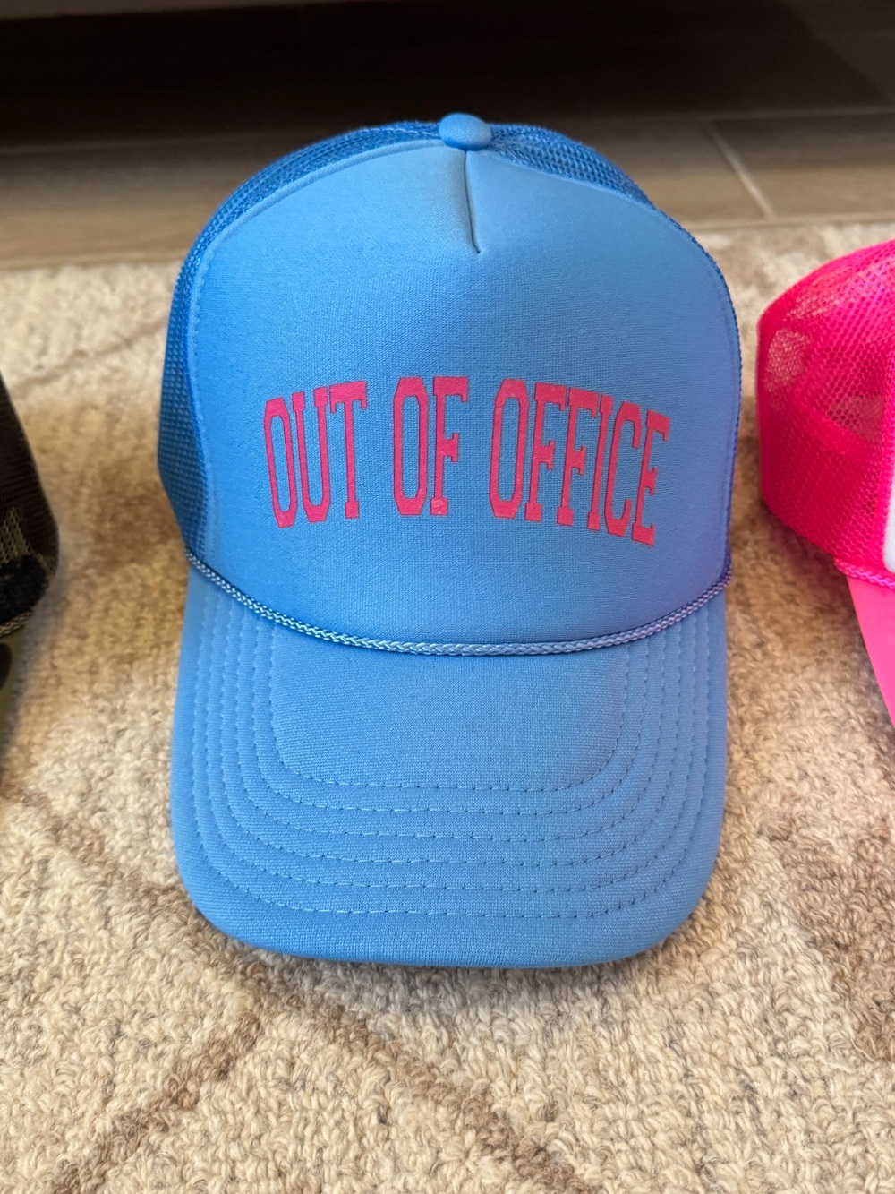 Blue Trucker Hat with Pink "OUT OF OFFICE" Text